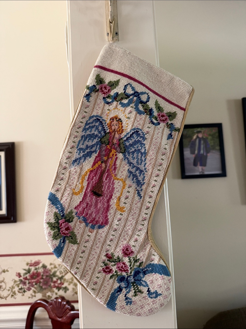 Beautiful handmade angel with flowers playing a horn Christmas stocking